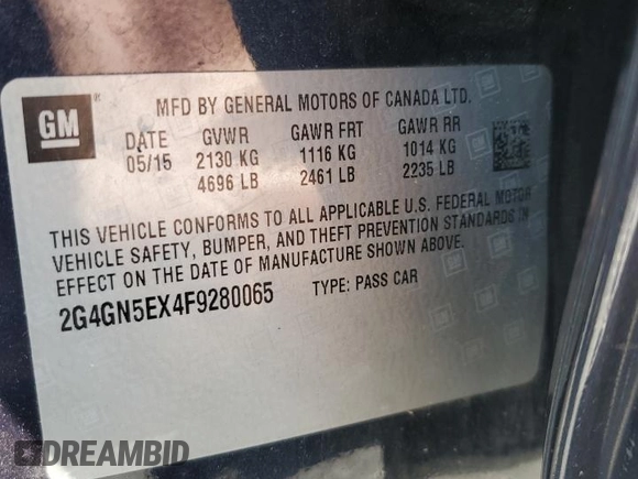 2015 Buick Regal Premium I с VIN 2G4GN5EX4F9280065, выставлен на аукционе Copart как лот 57507225 с пробегом 81 251 миль миль и Списание • Salvage title. История ставок и продаж доступна на DreamBid. Изображение 12.