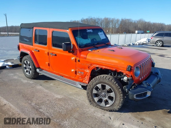 2018 Jeep Wrangler Unlimited Sahara with VIN 1C4HJXEN1JW198258, listed as a IAAI auction lot 41440346 with 44,469 mi miles and . Bid and sale history available at DreamBid. Image 1.