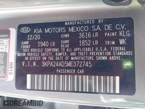 2021 Kia Rio LX with VIN 3KPA24AD5ME372745, listed as a IAAI auction lot 41633392 with 72,523 mi miles. Bid and sale history available at carsss.com. Image 9.