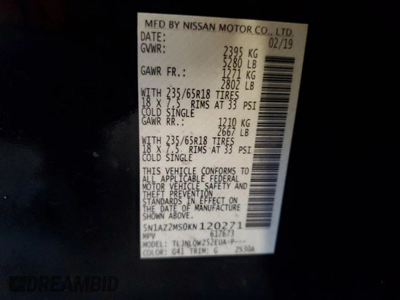 2019 Nissan Murano SL with VIN 5N1AZ2MS0KN120271, listed as a Copart auction lot 47218525 with 88,986 mi miles and Salvage Title. Bid and sale history available at DreamBid. Image 13.