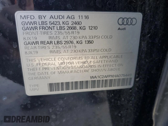 2017 Audi Q5 Premium with VIN WA1C2AFPXHA075449, listed as a Copart auction lot 42834765 with 93,026 mi miles and Salvage Title. Bid and sale history available at carsss.com. Image 13.