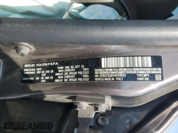 2017 FIAT 500X Lounge with VIN ZFBCFXDB7HP518161, listed as a Copart auction lot 60134985 with 51,357 mi miles and Salvage title. Bid and sale history available at DreamBid. Image 12.