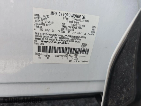 2020 Ford Edge SE with VIN 2FMPK3G99LBA96949, listed as a IAAI auction lot 42730671 with 91,796 mi miles and . Bid and sale history available at DreamBid. Image 4.