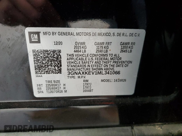 2021 Chevrolet Equinox LT with VIN 3GNAXKEV1ML341066, listed as a Copart auction lot 50607895 with 51,897 mi miles and Salvage Title. Bid and sale history available at DreamBid. Image 13.