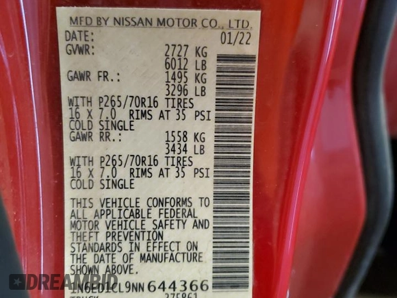 2022 Nissan Frontier S z VIN 1N6ED1CL9NN644366, wystawiony jako Copart lot #52132655 z przebiegiem Nie podano mil oraz Czysty tytuł • Clean title. Historia ofert i sprzedaży dostępna na DreamBid. Obrazek 13.