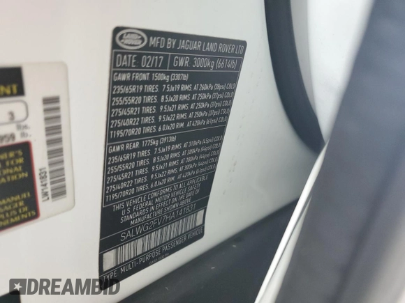 2017 Land Rover Range Rover Sport SE with VIN SALWG2FV7HA141831, listed as a Copart auction lot 56685545 with 61,361 mi miles and Salvage title. Bid and sale history available at DreamBid. Image 12.