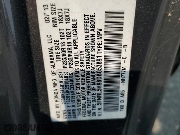 2013 Honda Odyssey Touring with VIN 5FNRL5H98DB053891, listed as a Copart auction lot 59592425 with 174,773 mi miles and Clean title. Bid and sale history available at DreamBid. Image 13.