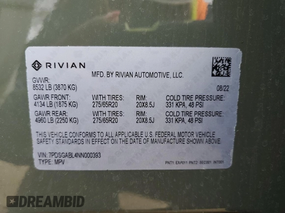 2022 Rivian R1S Launch Edition z VIN 7PDSGABL4NN000393, wystawiony jako Copart lot #44218005 z przebiegiem 26 598 mil mil oraz Szkoda całkowita • Salvage title. Historia ofert i sprzedaży dostępna na DreamBid. Obrazek 13.