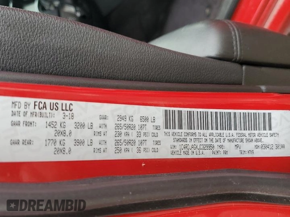 2018 Dodge Durango SXT с VIN 1C4RDJAGXJC329950, выставлен на аукционе Copart как лот 55640695 с пробегом 99 350 миль миль и Списание • Salvage title. История ставок и продаж доступна на DreamBid. Изображение 13.
