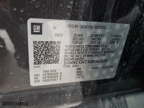 2018 Chevrolet Tahoe Premier with VIN 1GNSCCKC9JR342575, listed as a Copart auction lot 87746435 with 161,056 mi miles and Salvage Title. Bid and sale history available at carsss.com. Image 14.