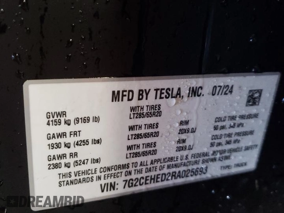 2024 Tesla Cybertruck с VIN 7G2CEHED2RA025693, выставлен на аукционе Copart как лот 45351295 с пробегом 11 786 миль миль и Списание • Salvage title. История ставок и продаж доступна на DreamBid. Изображение 13.