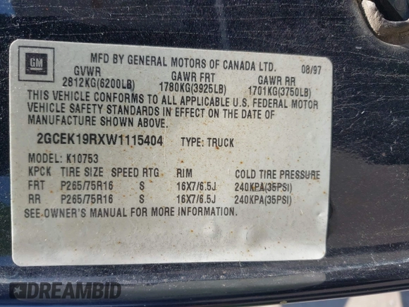 1998 Chevrolet Silverado 1500 with VIN 2GCEK19RXW1115404, listed as a IAAI auction lot 42176667 with 218,413 mi miles and . Bid and sale history available at DreamBid. Image 9.