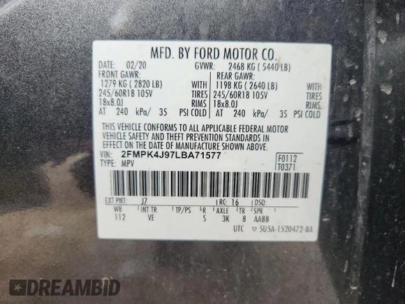 2020 Ford Edge SEL с VIN 2FMPK4J97LBA71577, выставлен на аукционе Copart как лот 60028525 с пробегом 66 365 миль миль и Списание • Salvage title. История ставок и продаж доступна на DreamBid. Изображение 13.