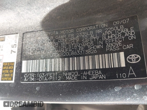 2008 Toyota Prius with VIN JTDKB20U883313826, listed as a IAAI auction lot 41948124 with 152,005 mi miles and . Bid and sale history available at carsss.com. Image 9.