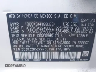 2024 Honda HR-V Sport with VIN 3CZRZ2H52RM730196, listed as a IAAI auction lot 41439301 with 21,327 mi miles. Bid and sale history available at carsss.com. Image 9.