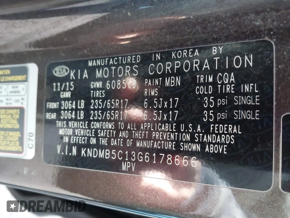 2016 Kia Sedona LX with VIN KNDMB5C13G6178666, listed as a IAAI auction lot 41988481 with 96,626 mi miles. Bid and sale history available at carsss.com. Image 9.