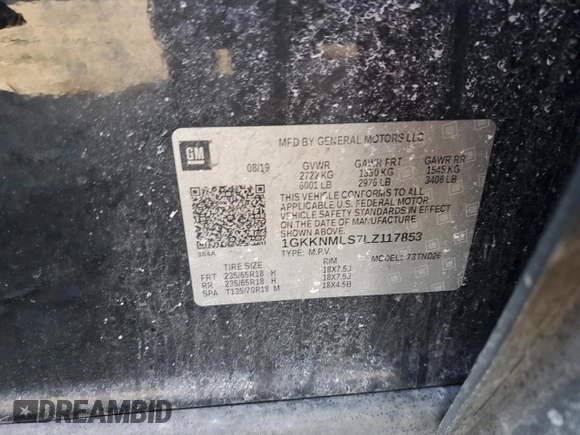 2020 GMC Acadia SLT with VIN 1GKKNMLS7LZ117853, listed as a Copart auction lot 43427465 with 109,962 mi miles and Salvage Title. Bid and sale history available at DreamBid. Image 13.