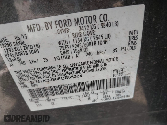2015 Ford Edge SEL with VIN 2FMTK3J80FBB65384, listed as a IAAI auction lot 41827595 with 120,727 mi miles. Bid and sale history available at carsss.com. Image 9.