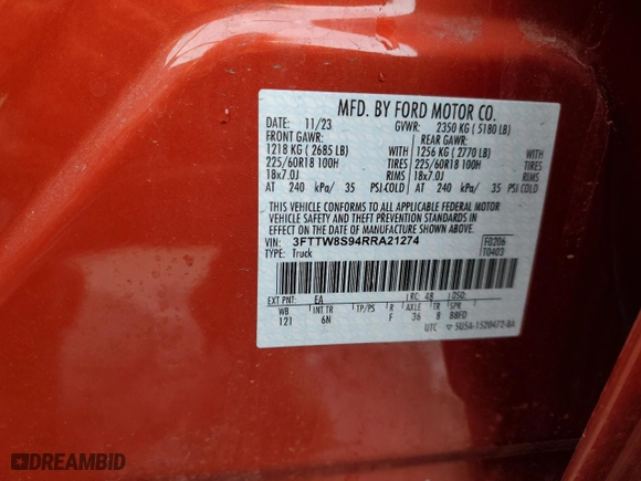 2024 Ford Maverick LARIAT with VIN 3FTTW8S94RRA21274, listed as a Copart auction lot 85852194 with 8,169 mi miles and Salvage Title. Bid and sale history available at carsss.com. Image 13.