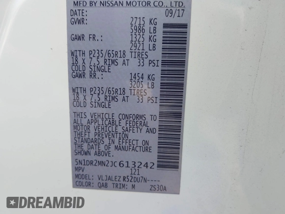 2018 Nissan Pathfinder SL with VIN 5N1DR2MN2JC613242, listed as a IAAI auction lot 41905624 with 126,529 mi miles. Bid and sale history available at carsss.com. Image 9.