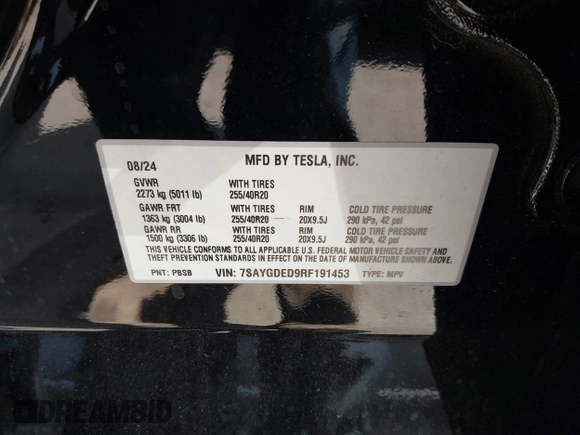 2024 Tesla Model Y with VIN 7SAYGDED9RF191453, listed as a IAAI auction lot 42272051 with 7,805 mi miles and . Bid and sale history available at DreamBid. Image 9.