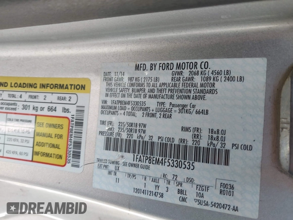 2015 Ford Mustang V6 с VIN 1FATP8EM4F5330535, выставлен на аукционе IAAI как лот 42040680 с пробегом 115 280 миль миль и . История ставок и продаж доступна на DreamBid. Изображение 9.