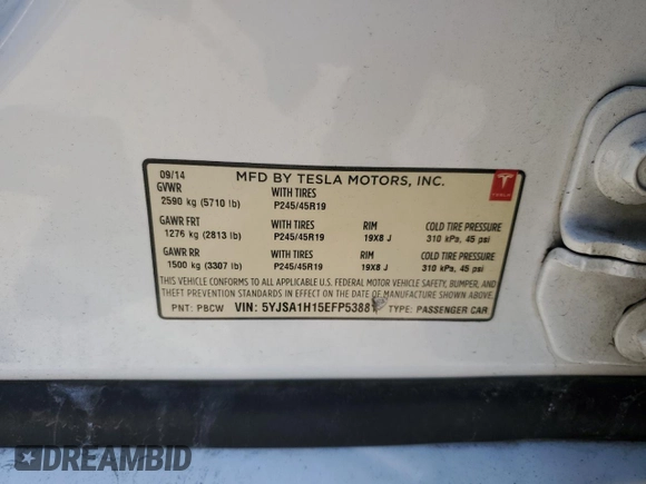 2014 Tesla Model S 60 with VIN 5YJSA1H15EFP53881, listed as a Copart auction lot 45136545 with 111,143 mi miles and Salvage Title. Bid and sale history available at DreamBid. Image 14.