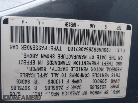 2005 Acura TL with VIN 19UUA66285A067183, listed as a IAAI auction lot 41937183 with 235,299 mi miles. Bid and sale history available at carsss.com. Image 9.