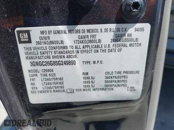 2005 Chevrolet Suburban LT z VIN 3GNGC26G85G249890, wystawiony jako IAAI lot #42348239 z przebiegiem 185 416 mil mil oraz . Historia ofert i sprzedaży dostępna na DreamBid. Obrazek 9.