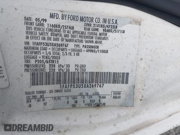 1999 Ford Taurus SE z VIN 1FAFP53U5XA269767, wystawiony jako IAAI lot #41504302 z przebiegiem 182 198 mil mil oraz . Historia ofert i sprzedaży dostępna na DreamBid. Obrazek 9.