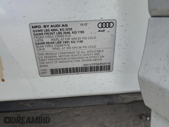 2018 Audi Q3 Premium Plus with VIN WA1JCCFS9JR020132, listed as a Copart auction lot 66694002 with 35,703 mi miles. Bid and sale history available at carsss.com. Image 10.