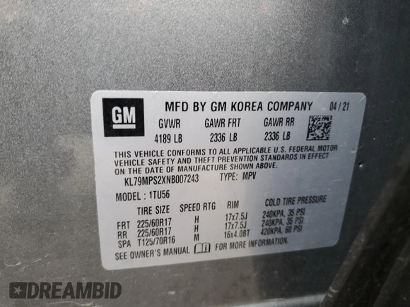 2022 Chevrolet TrailBlazer LT with VIN KL79MPS2XNB007243, listed as a Copart auction lot 39924064 with 47,670 mi miles and . Bid and sale history available at DreamBid. Image 13.