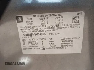 2010 Chevrolet Equinox LTZ with VIN 2CNFLGEW5A6345665, listed as a IAAI auction lot 41955908 with 160,575 mi miles and . Bid and sale history available at DreamBid. Image 9.
