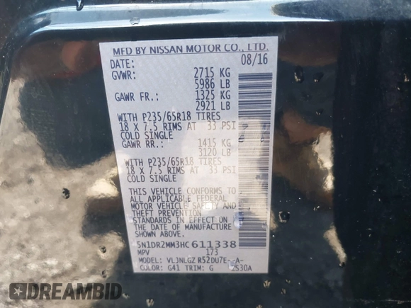 2017 Nissan Pathfinder SV z VIN 5N1DR2MM3HC611338, wystawiony jako IAAI lot #42194564 z przebiegiem 105 158 mil mil oraz . Historia ofert i sprzedaży dostępna na DreamBid. Obrazek 9.