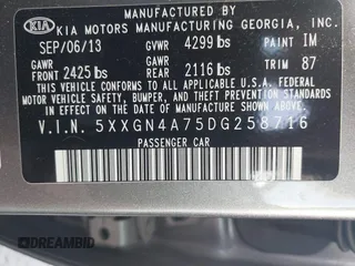 2013 Kia Optima EX with VIN 5XXGN4A75DG258716, listed as a IAAI auction lot 41815091 with 178,589 mi miles. Bid and sale history available at carsss.com. Image 9.