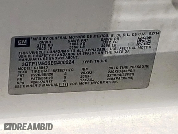 2014 GMC Sierra 1500 SLT with VIN 3GTP1VEC6EG400224, listed as a Copart auction lot 56747605 with 143,882 mi miles and Salvage title. Bid and sale history available at DreamBid. Image 12.