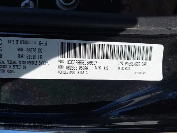 2014 Dodge Dart SXT with VIN 1C3CDFBB5ED909827, listed as a IAAI auction lot 42133689 with 100,214 mi miles and . Bid and sale history available at carsss.com. Image 9.