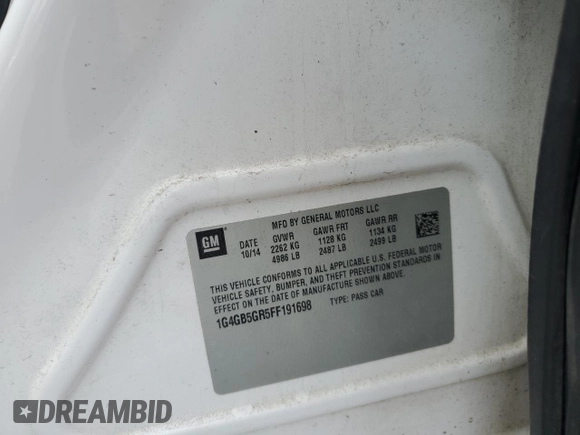 2015 Buick LaCrosse Leather with VIN 1G4GB5GR5FF191698, listed as a Copart auction lot 46157345 with 371,376 mi miles and Salvage Title. Bid and sale history available at DreamBid. Image 14.