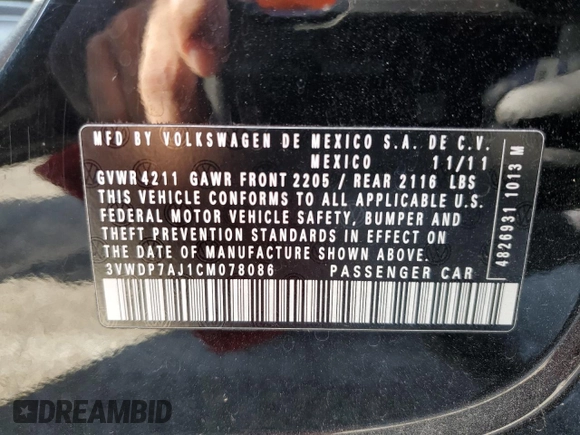 2012 Volkswagen Jetta SE with VIN 3VWDP7AJ1CM078086, listed as a Copart auction lot 59715025 with 81,156 mi miles and Clean title. Bid and sale history available at DreamBid. Image 12.
