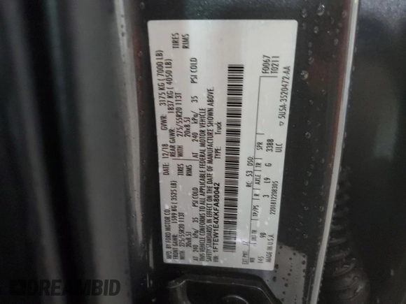 2019 Ford F-150 XL with VIN 1FTEW1E4XKFA80042, listed as a Copart auction lot 59548775 with 119,647 mi miles and Salvage title. Bid and sale history available at DreamBid. Image 12.