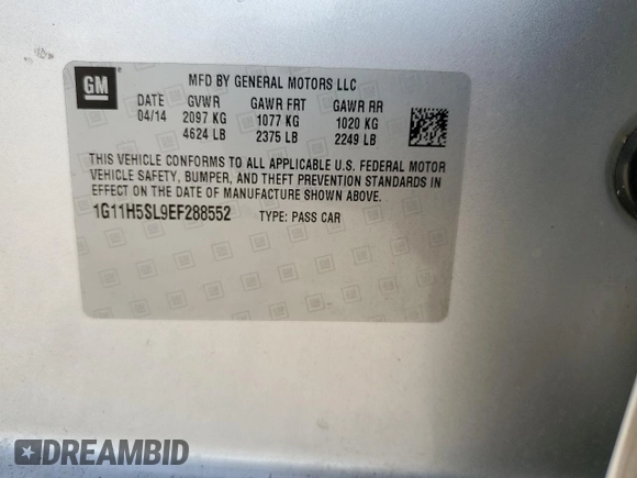 2014 Chevrolet Malibu LTZ with VIN 1G11H5SL9EF288552, listed as a Copart auction lot 55599315 with 133,164 mi miles and Clean Title. Bid and sale history available at DreamBid. Image 12.