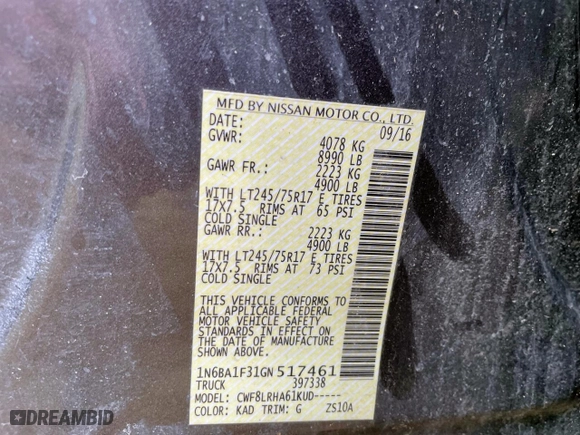 2016 Nissan Titan XD S with VIN 1N6BA1F31GN517461, listed as a Copart auction lot 48740415 with NaN miles and Clean Title. Bid and sale history available at carsss.com. Image 10.