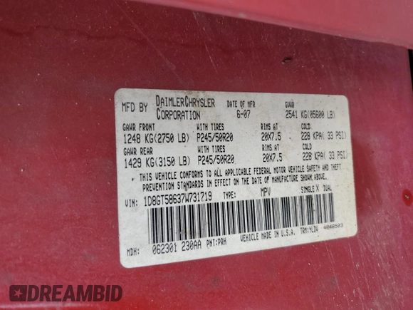 2007 Dodge Nitro R/T z VIN 1D8GT58637W731719, wystawiony jako Copart lot #55774025 z przebiegiem 138 666 mil mil oraz Szkoda całkowita • Salvage title. Historia ofert i sprzedaży dostępna na DreamBid. Obrazek 13.