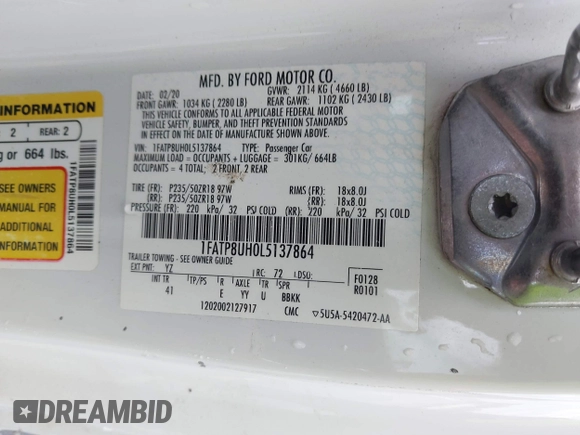 2020 Ford Mustang EcoBoost with VIN 1FATP8UH0L5137864, listed as a IAAI auction lot 41069174 with 86,556 mi miles and . Bid and sale history available at DreamBid. Image 9.
