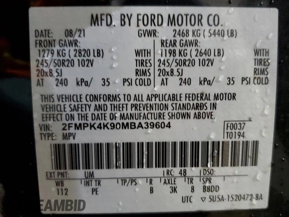 2021 Ford Edge Titanium z VIN 2FMPK4K90MBA39604, wystawiony jako Copart lot #55942265 z przebiegiem 28 117 mil mil oraz Nie do naprawy • Non repairable. Historia ofert i sprzedaży dostępna na DreamBid. Obrazek 14.