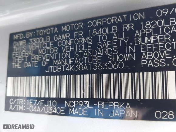 2010 Toyota Yaris with VIN JTDBT4K38A1363060, listed as a IAAI auction lot 41874903 with 170,398 mi miles. Bid and sale history available at carsss.com. Image 9.
