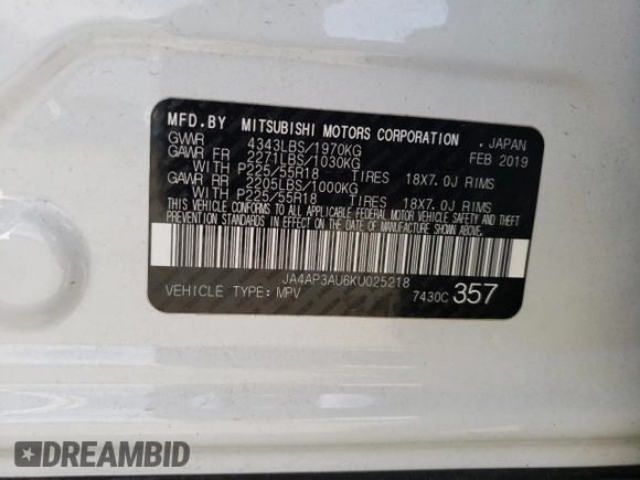 2019 Mitsubishi Outlander Sport ES 2.0 with VIN JA4AP3AU6KU025218, listed as a Copart auction lot 65438282 with 18,329 mi miles. Bid and sale history available at carsss.com. Image 10.