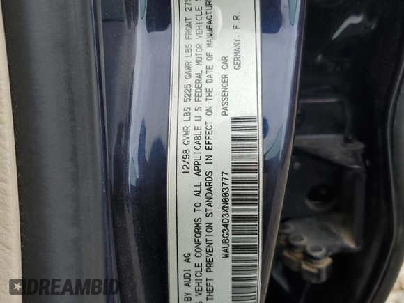 1999 Audi A8 with VIN WAUBG34D3XN003777, listed as a Copart auction lot 63842115 with 110,102 mi miles and Clean title. Bid and sale history available at DreamBid. Image 12.