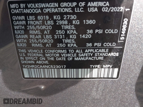 2022 Volkswagen Atlas SE z VIN 1V2HR2CA4NC523017, wystawiony jako IAAI lot #41754371 z przebiegiem 23 745 mil mil oraz . Historia ofert i sprzedaży dostępna na DreamBid. Obrazek 9.
