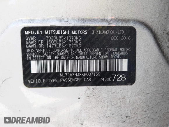 2019 Mitsubishi Mirage ES z VIN ML32A3HJXKH007159, wystawiony jako IAAI lot #42367506 z przebiegiem 101 390 mil mil oraz . Historia ofert i sprzedaży dostępna na DreamBid. Obrazek 9.